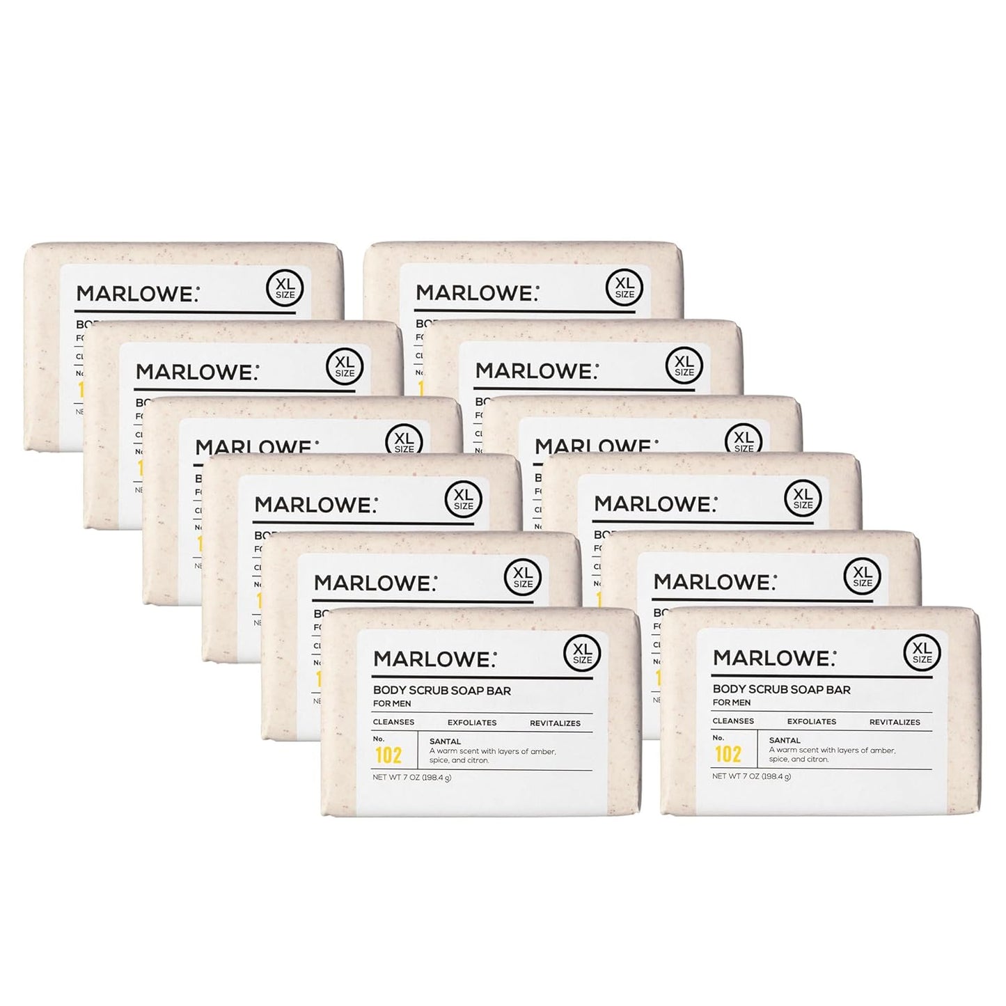 MARLOWE. No. 102 Body Scrub Soap 7 oz (12 Bars), Santal, Exfoliating Soap Bar with Shea Butter, Olive Oil & Green Tea Extracts, Cleanses, Smooths & Revitalizes Skin, Warm Amber, Spice & Citron Scent-FemmiqueWomen