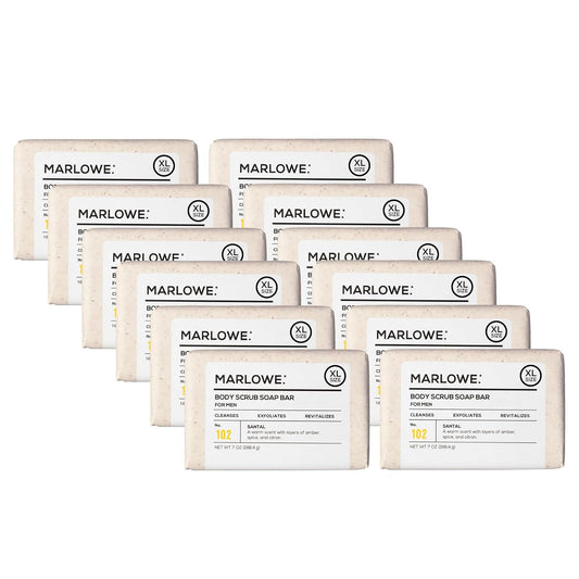 MARLOWE. No. 102 Body Scrub Soap 7 oz (12 Bars), Santal, Exfoliating Soap Bar with Shea Butter, Olive Oil & Green Tea Extracts, Cleanses, Smooths & Revitalizes Skin, Warm Amber, Spice & Citron Scent-FemmiqueWomen