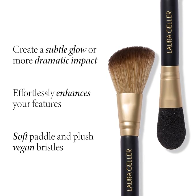 LAURA GELLER NEW YORK Dual-Ended Highlighter Brush - Multipurpose Makeup Brush for Highlighter, Blush, Bronzer and More - Includes Dual-Fiber Vegan Bristles and Satin Paddle for Flawless Application-FemmiqueWomen