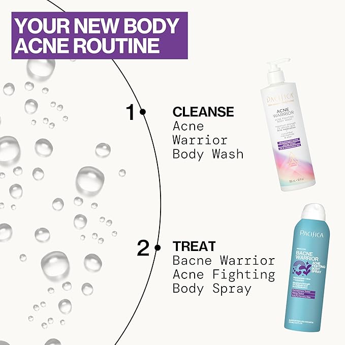 Pacifica Bacne Acne Cleanser Spray - Bacne Warrior - Body Spray for Acne Treatment - w/ 2% Salicylic Acid Niacinamide & Aloe - for Body, Chest & Back Acne for Teens & Adults Vegan Dermatologist Tested-FemmiqueWomen