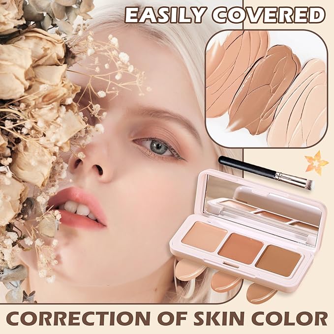 3 Colors Correcting Concealer Palette,Full Coverage Cream Contour Palette,Professional Contouring Foundation Long Wear Highlighting Concealer Contour Cream Makeup Palette with Brush-FemmiqueWomen