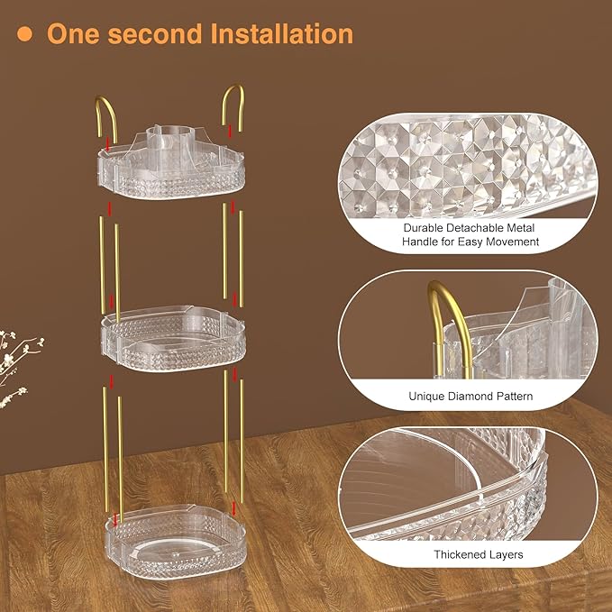 Awenia Rotating Makeup Organizer 360, Stackable Adjustable Large Capacity Cosmetic Storage Unit,Dresser Bathroom Kitchen Countertop Organizer with Metal Handle, Plus Size (Clear, 3 Tier)-FemmiqueWomen