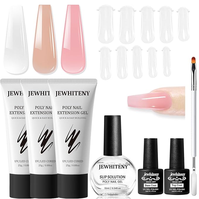 JEWHITENY Poly Extension Gel Nail Set Clear Pink Poly Nail Gel With Slip Solution Base Coat Top Coat French Manicure Need U V Lamp Curing for Finger Art and Home DIY-FemmiqueWomen