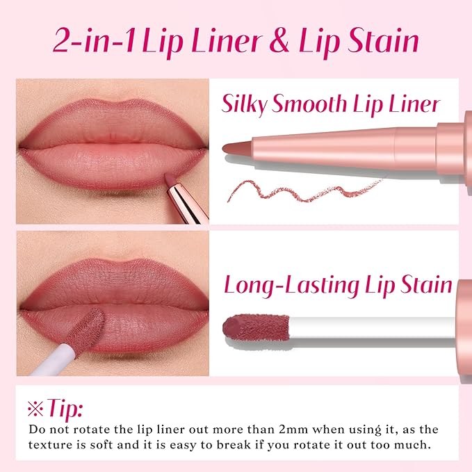 2 PCS Lip Liner and Lip Stain Combo Set, High Pigmented Long Lasting Velvet Lip Tint, Well-Defined Lipliner, Weightless Waterproof Not Animal Tested, Matte Finish Makeup-FemmiqueWomen