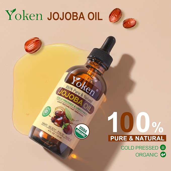 Yoken Jojoba Oil 4 fl oz EWG Verified 100% Pure Jojoba Oil Cold Pressed for Skin, Hair, Nails, Cuticles - Unrefined & Hexane Free, Natural Moisturizer Carrier oils Facial Serum for Gua Sha-FemmiqueWomen