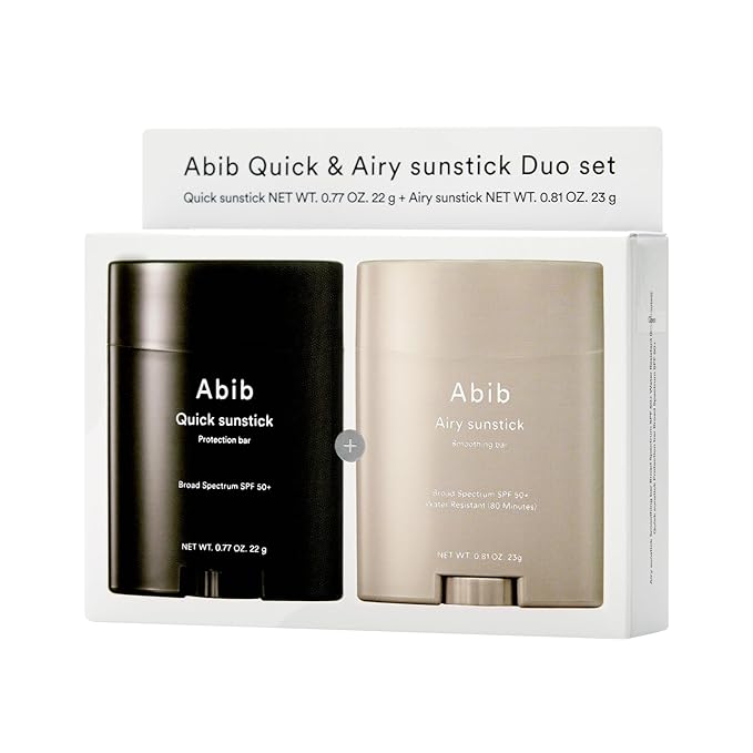 Abib Airy & Quick Sunstick DUO Broad Spectrum SPF50+ 1.58 oz / 45g (Semi-matte & Glowing) | Korean Suncreen Stick Suncare Sunblock, No Whitecast, Protector Solar Barra, Water resistant-FemmiqueWomen