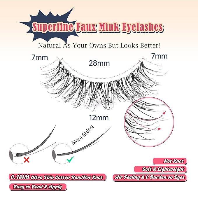 Natural Lashes False Eyelashes 12 MM Short Lashes WIspy 3D Volume Fake Eyelashes Pack C Curl Soft Eye Lash with Thin Cotton Band 7 Pair False Lashes Siligli-FemmiqueWomen