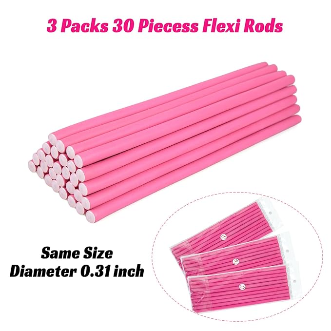 30PCS 9.45" Heatless Flexible Curling Rod, Skinny Small Flexi Rod Soft Twist Foam Hair Rollers for Tight Curl Women Girl Home Use Long and Short Hair (0.31 x 9.45 Inch, Pink#)-FemmiqueWomen