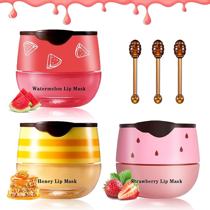 3PCS Bee Lip Balm Honey Pot Honey Strawberry Watermelon Lip Balm Sleeping Lip Mask Silky Hydrating Bee Lip Balm Honey Lip Mask Overnight Lip Care Products(Honey+Strawberry+Watermelon)-FemmiqueWomen