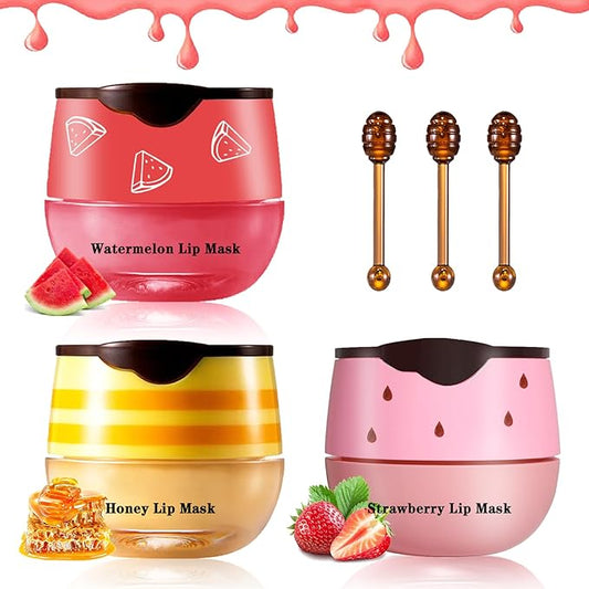 3PCS Bee Lip Balm Honey Pot Honey Strawberry Watermelon Lip Balm Sleeping Lip Mask Silky Hydrating Bee Lip Balm Honey Lip Mask Overnight Lip Care Products(Honey+Strawberry+Watermelon)-FemmiqueWomen