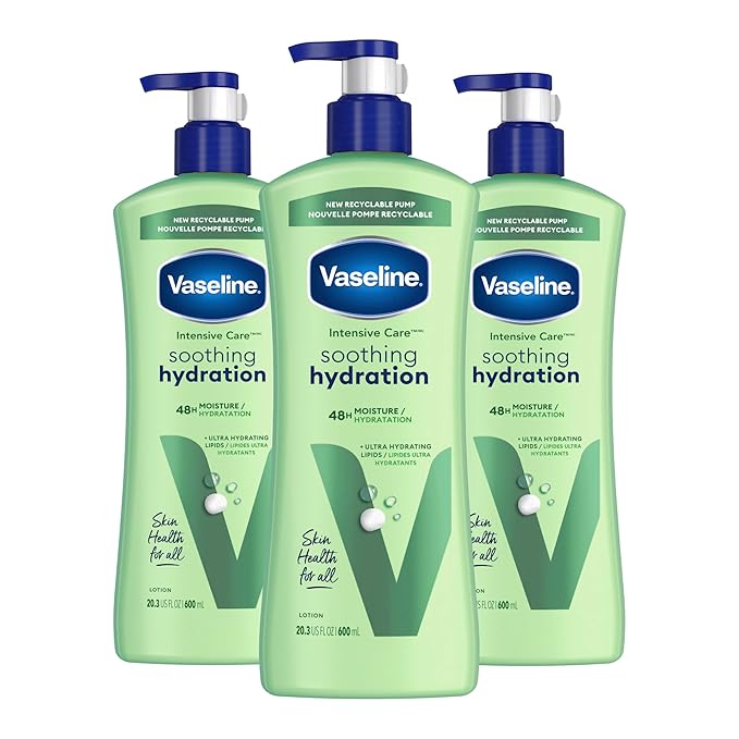 Vaseline Intensive Care Body Lotion for Dry Skin Soothing Hydration Lotion Made with Ultra-Hydrating Lipids + 1% Aloe Vera Extract to Refresh Dehydrated Skin 20.3 oz, Pack of 3 (packaging May Vary)-FemmiqueWomen