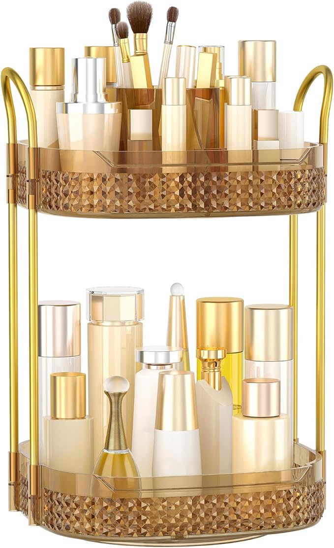 360° Rotating Makeup Organizer 2 Tier, Large Skincare Clear Make Up Storage Spinning Perfume Organizers for Bathroom Counter Dresser, Pink-FemmiqueWomen