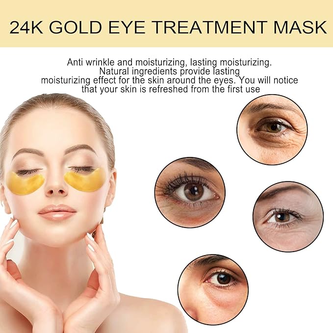 24k Gold Under Eye Patches, 60 Pcs Eye Gels, Anti-Aging Collagen Hyaluronic Acid Under Eye Mask, Under Eye Mask for Dark Circles and Puffiness, Eye Bags, Wrinkles-FemmiqueWomen