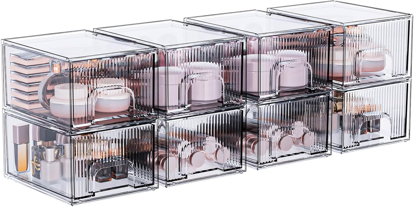ZJIAI 8 Pack Clear Stackable Storage Drawer, Acrylic Drawer, Cosmetic Organizer, Plastic Organizer for Dresser, Under, Kitchen Cabinet, Pantry, Home Organization and Storage-FemmiqueWomen