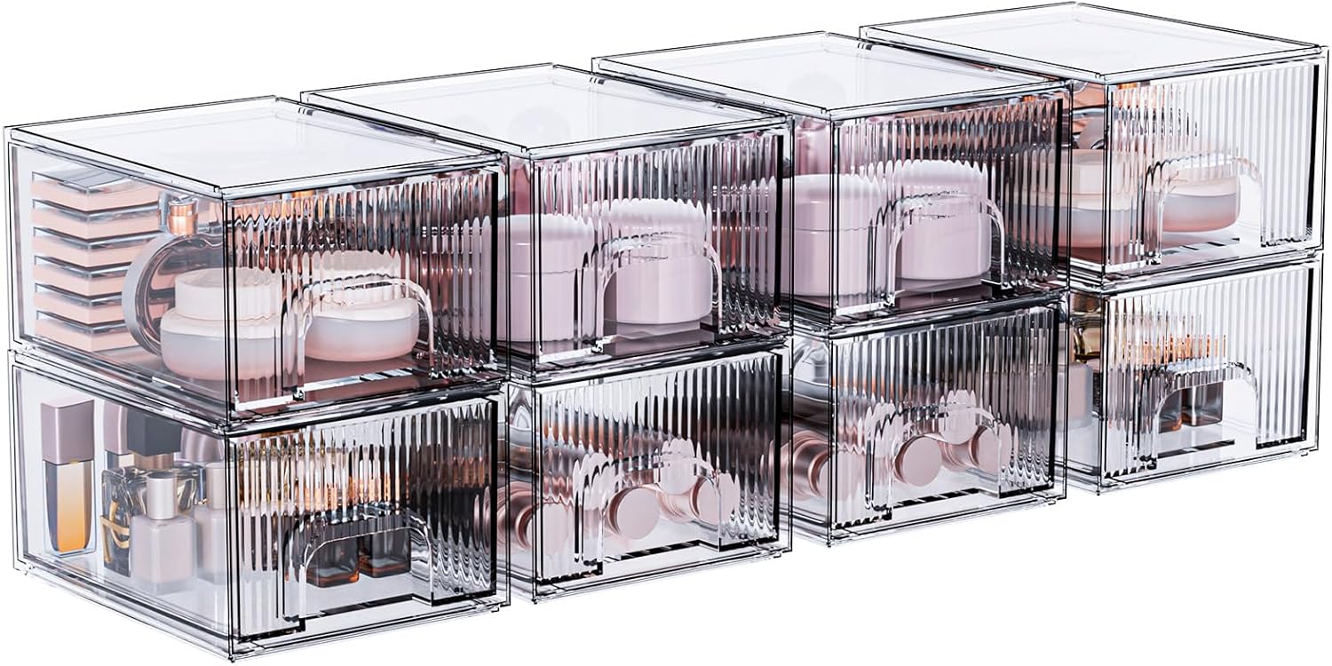 ZJIAI 8 Pack Clear Stackable Storage Drawer, Acrylic Drawer, Cosmetic Organizer, Plastic Organizer for Dresser, Under, Kitchen Cabinet, Pantry, Home Organization and Storage-FemmiqueWomen