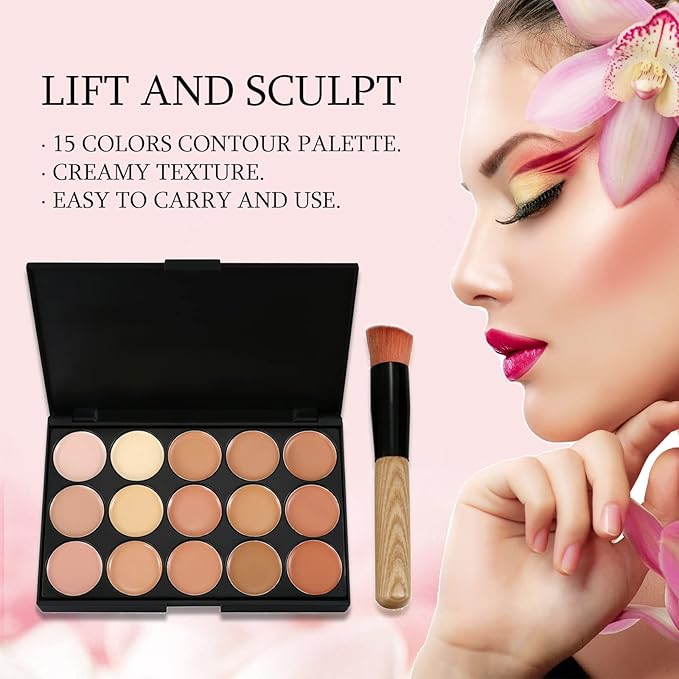 15 Colors Contour Palette Kit: Cream Concealer Palette Face Makeup Foundation Kit Contour Palette with Brush for Professional and Daily Use-FemmiqueWomen