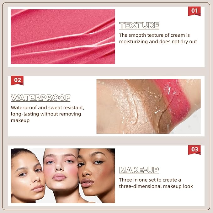 3Pcs Cream Contour Stick Makeup Set, Cream Bronzer Blush Highlighter Stick for Cheeks Eyes Lips, Long Lasting Waterproof Blendable Dewy Finish Face Stick Trio Wand for All Skin (1+3+6)-FemmiqueWomen