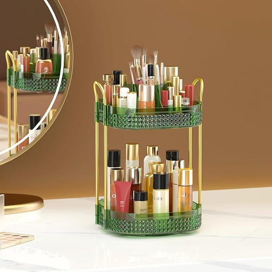 Awenia Rotating Makeup Organizer 360, Stackable Adjustable Large Capacity Cosmetic Storage Unit,Dresser Bathroom Kitchen Countertop Organizer with Metal Handle, Plus Size (Gem Green, 2 Tier)-FemmiqueWomen