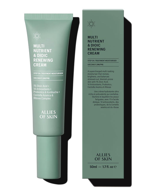 Allies of Skin Multi Nutrient & Dioic Renewing Cream: Moisturizer with Dioic Acid, 14 Antioxidants, Probiotics & Centella Asiatica. Targets Imperfections, Brightens & Protects Skin 1.7 oz / 50 ml-FemmiqueWomen