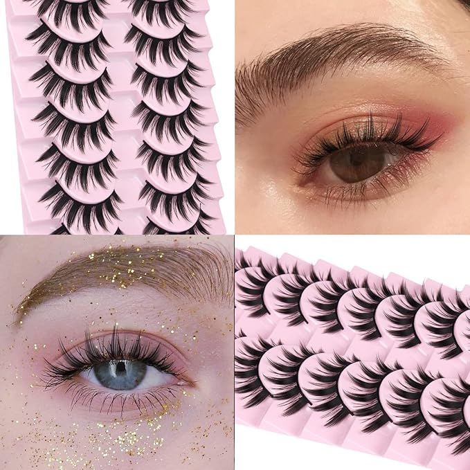 False Eyelashes 10 Pairs Manga Lashes Japanese Style Anime Thick Cosplay Lashes Natural Look 16MM Spiky 8D Wispy Faux Mink Lashes Full Strip Doll Lashes by FANXITON-FemmiqueWomen