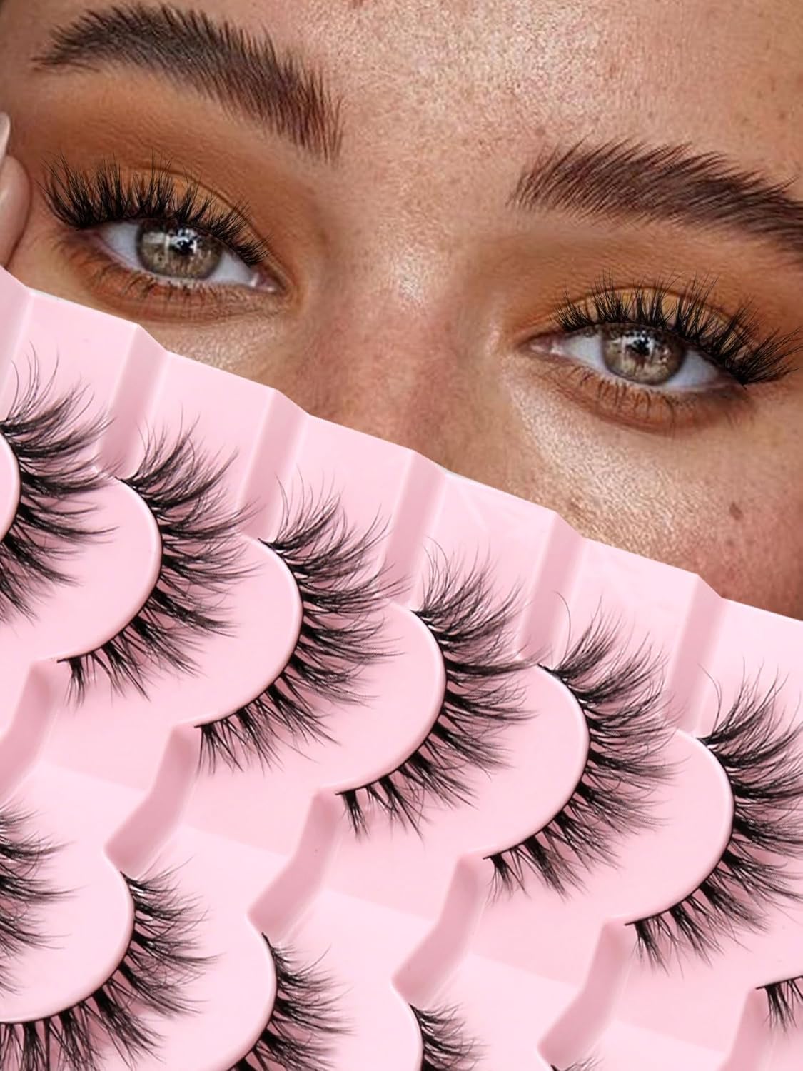 Lashes Natural Cat Eye Lashes Wispy Eyelashes 15mm False Eyelashes Wispy Lashes 3D Volume Strip Eyelashes Thin Cotton Band Soft Fake Eyelashes False Lashes Pack 7 Pairs Siligli-FemmiqueWomen