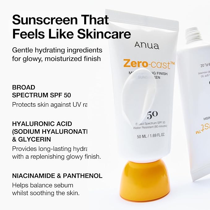 Anua Zero-Cast Moisturizing Finish Sunscreen,SPF 50, Glow Natural Sunscreen,No White cast, Hyaluronic Acid, Niacinamide sun block for face,Oil-Free, Oxybenzone free, Travel Essential (50ml/1.69fl.oz)-FemmiqueWomen