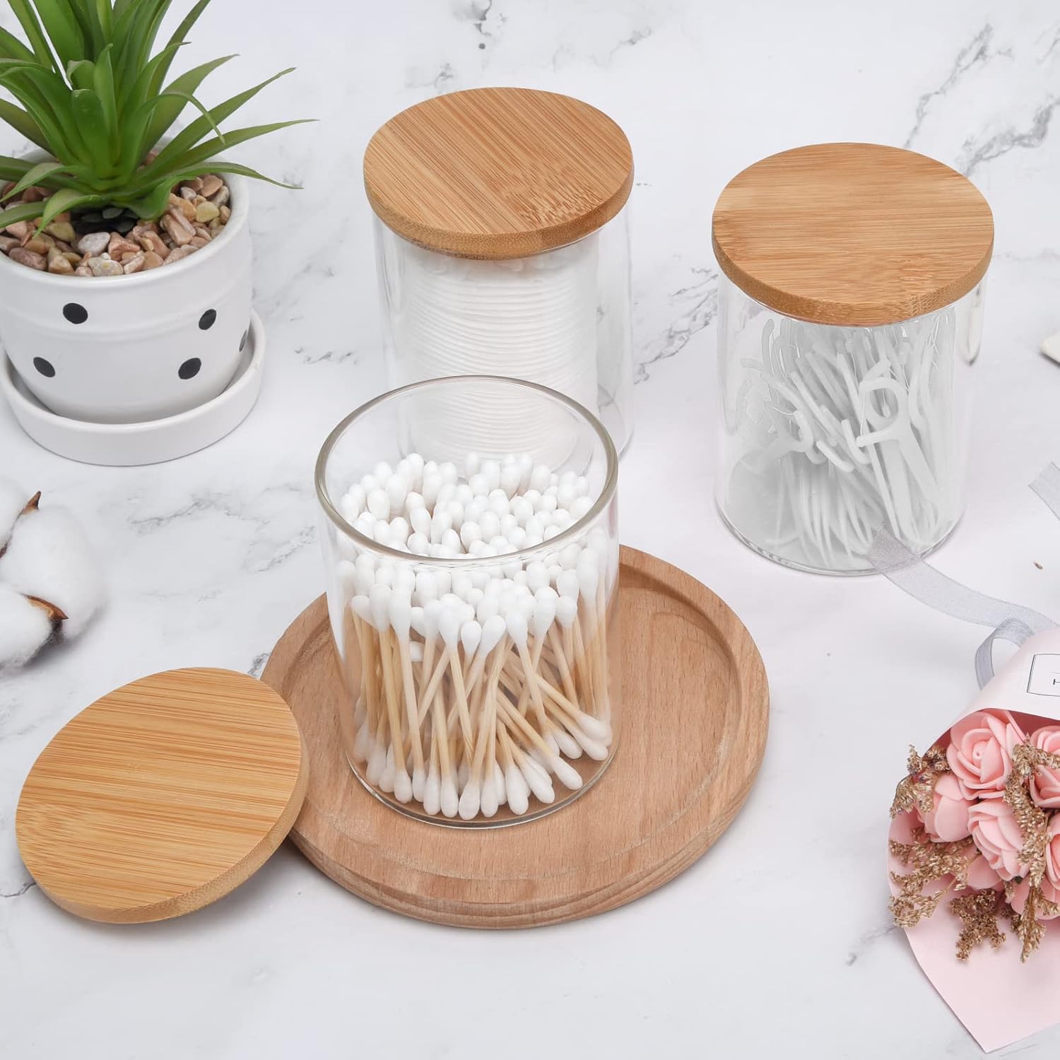 3 Pack Glass Qtip Holder Dispenser Set - Apothecary Jars with Lids for Vanity Makeup Organizer - Bathroom Canister Storage Organizer for Cotton Ball,Swab,Round Pads,Floss-FemmiqueWomen