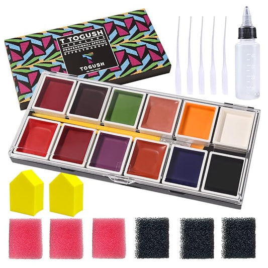 12 Colors Alcohol Activated Makeup Palette Set with Mimic Wound Sponge Makeup Egg for SFX Makeup Halloween Makeup-FemmiqueWomen