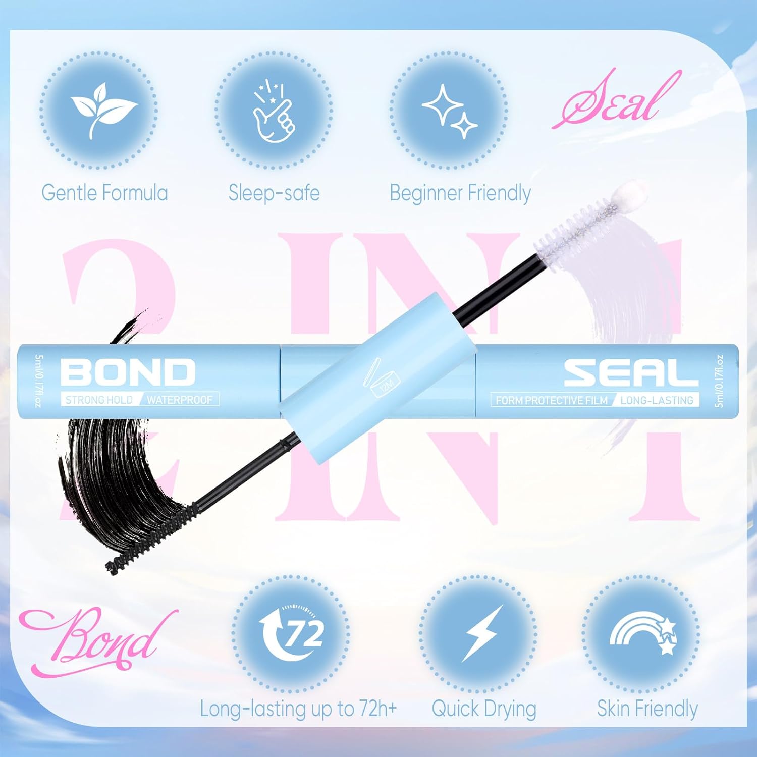 Lash Glue 2 in 1 Lashes Bond and Seal Waterproof Eyelash Glues Strong Hold Eyelash Adhesives Long Lasting Lash Cluster Glue for Eyelashes Extensions DIY at Home by ZANLUFLY-FemmiqueWomen