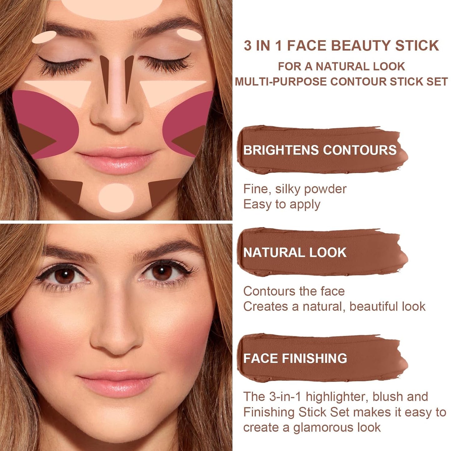 3 Colors Cream Contour Stick, Shades with Highlighter Stick,Blush Stick and Bronzer Contour Stick for Sculpt the Cheeks,Long Lasting,Waterproof,Matte & Dewy Finish for Women (LIGHT FAIR(8+10+12))-FemmiqueWomen