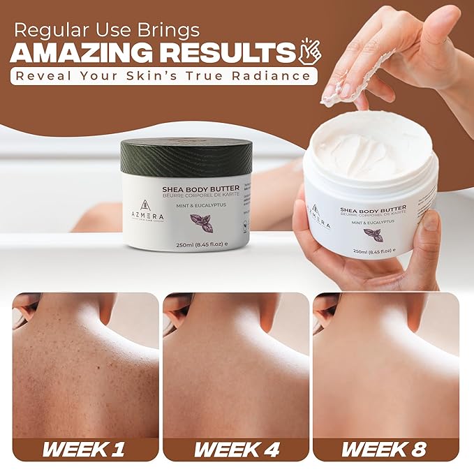 AZMERA Handcrafted Whipped Shea Body Butter – Refreshing Mint & Eucalyptus Scented Moisturizer for Dry, Sensitive Skin, Argan Oil & Vitamin E – Vegan, Non-Greasy Skincare – 8.82 oz-FemmiqueWomen