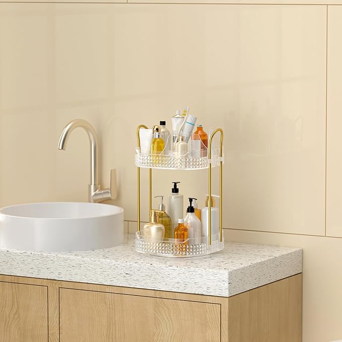 360 Rotating Makeup Organizer 2 Tier, Large Skincare Clear Make Up Storage Spinning Perfume Organizers for Bathroom Counter Dresser, White-FemmiqueWomen