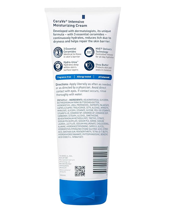 CeraVe Intensive Moisturizing Cream, Body Moisturizer With Shea Butter, 72H Hydration + Skin Barrier Repair, Fragrance-Free Body Lotion For Extremely Dry Skin, 8oz-FemmiqueWomen