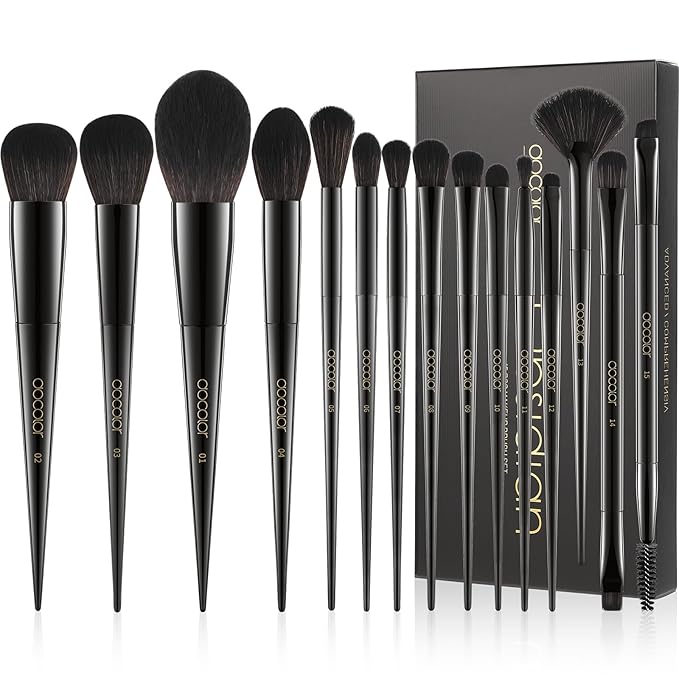 Docolor Makeup Brushes 15Pcs Obsidian Makeup Brush Set Premium Synthetic Powder Kabuki Foundation Contour Blush Concealer Eye Shadow Blending Eyeliner Crease Eyebrow Make Up Brush Kit-FemmiqueWomen