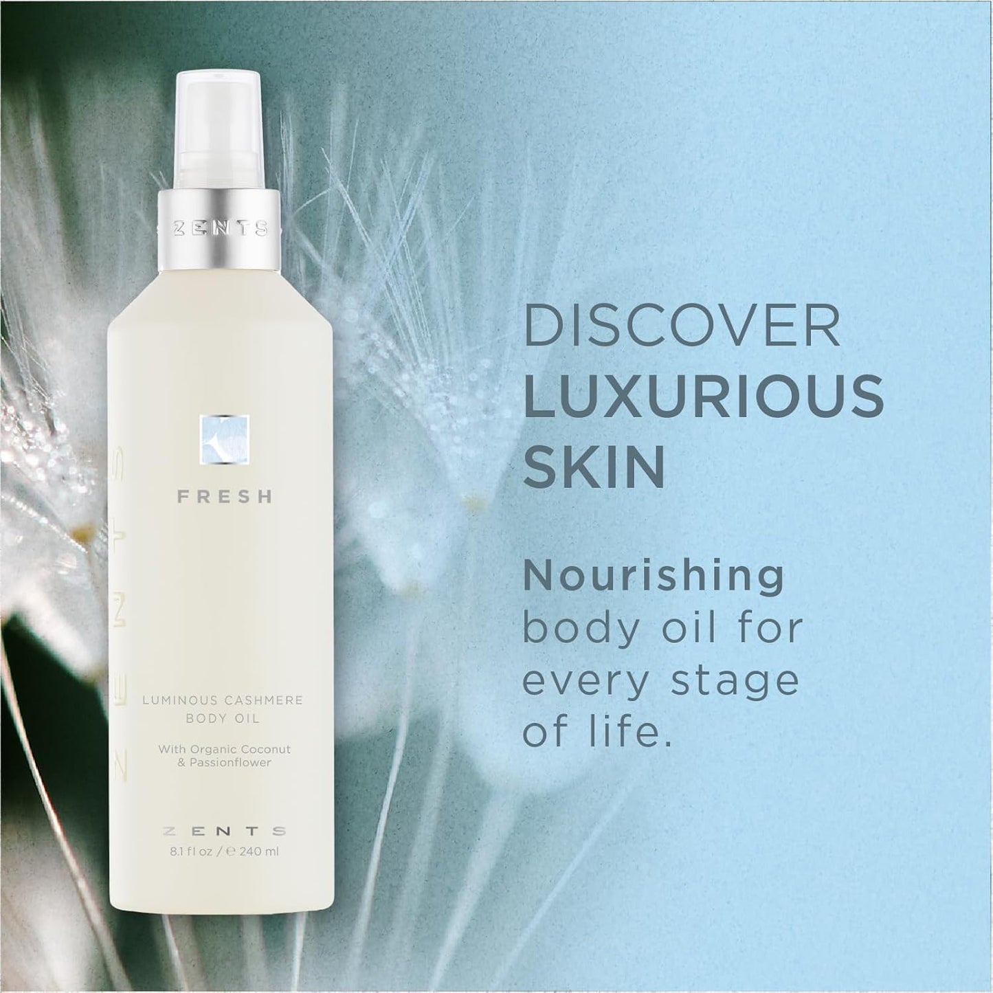 Zents Luminous Cashmere Body Oil (Fresh Fragrance) | Moisturizing Body Oil with Vitamin E & Organic Coconut Oil | Softens & Smooths Skin | 8 fl oz-FemmiqueWomen