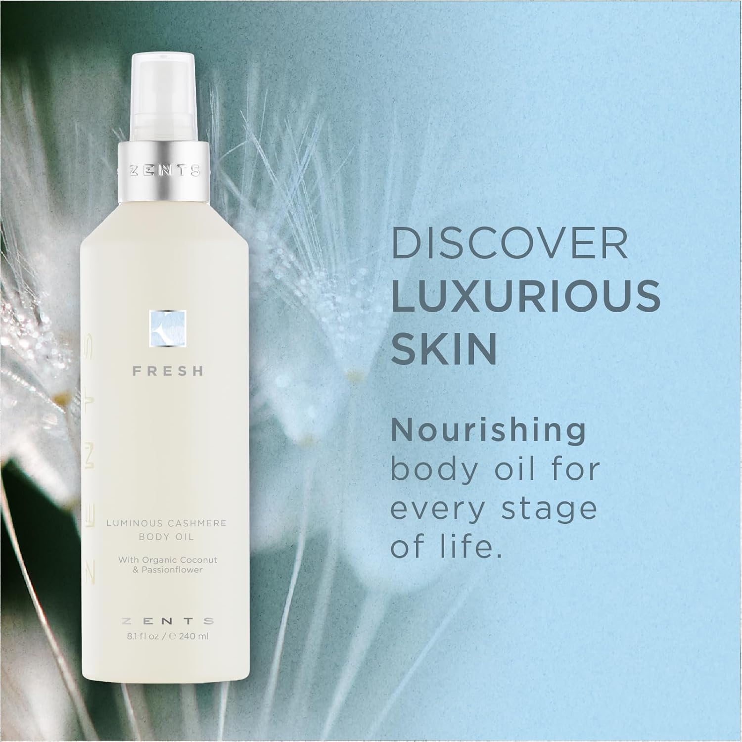 Zents Luminous Cashmere Body Oil (Fresh Fragrance) | Moisturizing Body Oil with Vitamin E & Organic Coconut Oil | Softens & Smooths Skin | 8 fl oz-FemmiqueWomen