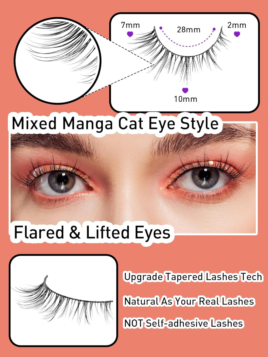 Natural Eyelashes 10MM Short Lashes Cat Eye Lashes Wispy False Eyelashes Manga Lashes Soft Strip Lashes 3D Volume Lashes Fake Eyelashes 7 Pair Siligli-FemmiqueWomen