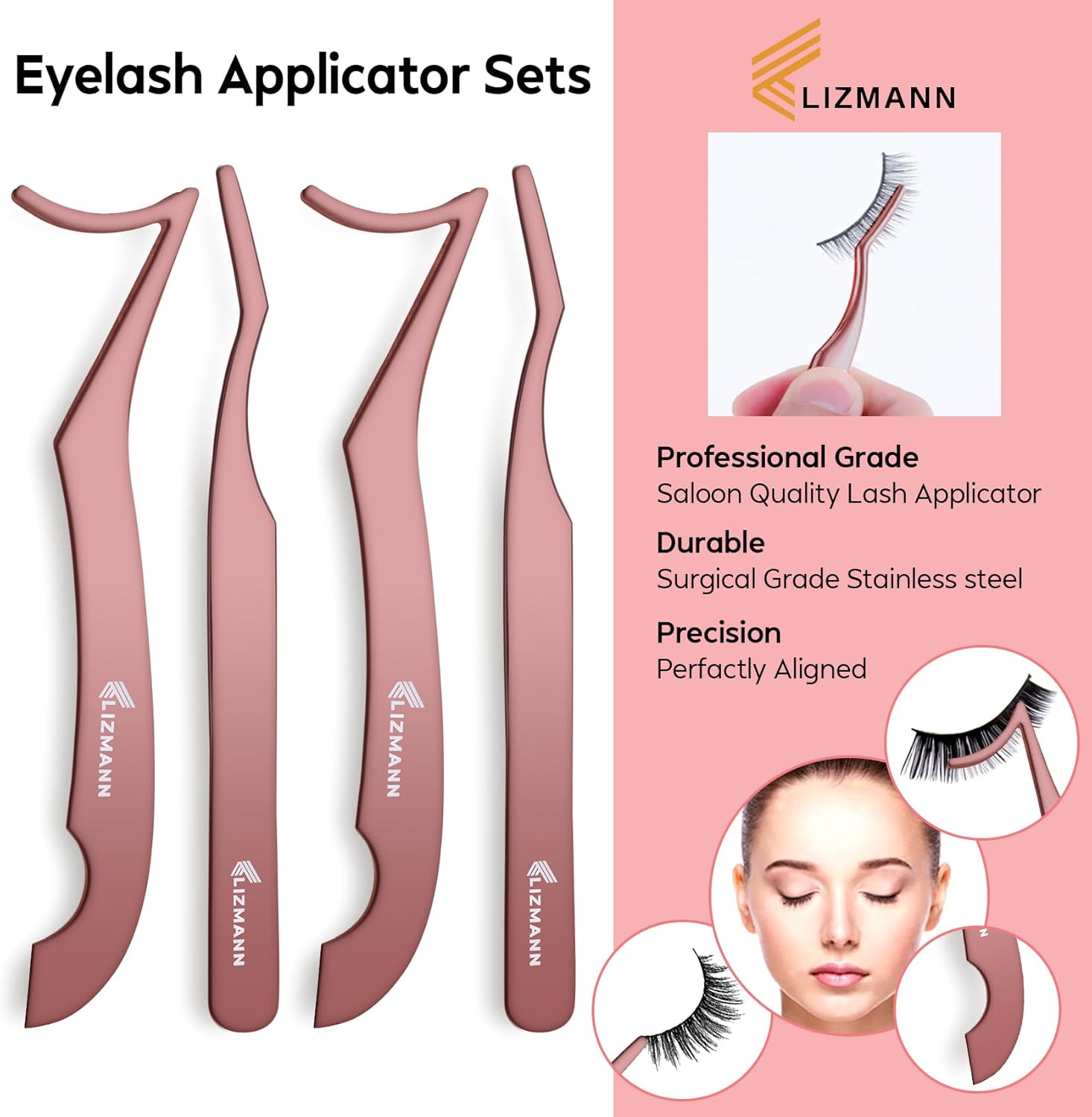 LIZMANN Eyelash Applicator Tweezers 2 PCS Tool for False Eyelash Application & Lash Extensions, Mistake-Proof Lash Placement Tweezers for Professional and DIY Use-FemmiqueWomen