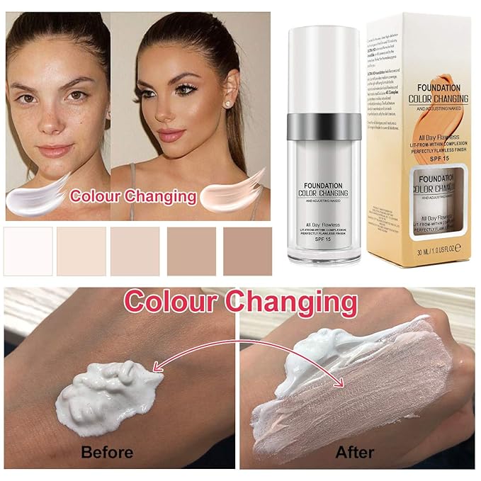 30ML Flawless Colour Changing Warm Skin Tone Foundation,Naturally Blends Moisturizing foundation makeup,Long Lasting Waterproof Poreless Liquid Foundation SPF 15 for Face Makeup-FemmiqueWomen