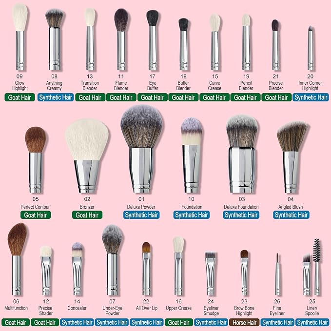 Bueart Design Makeup Brushes Set 26pcs Real Natural Goat Hair Professional labeled Foundation Face Blending Blush Concealers Eyeshadow Brush Set(26Pcs Pearl Pink)-FemmiqueWomen