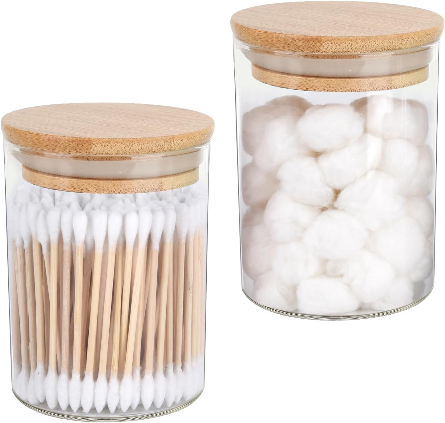 2 Pack Glass Qtip Holder Dispenser Set - Apothecary Jars with Lids for Vanity Makeup Organizer - Bathroom Canister Storage Organizer for Cotton Ball, Swab, Round Pads,Floss-FemmiqueWomen
