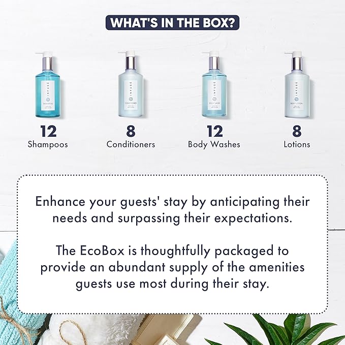 1-Shoppe Infuse 40 Piece Ecobox All-In-Kit | White Tea and Coconut Soap | 12 Shampoo, 8 Conditioner, 12 Body Wash & 8 Lotion | 10oz Hotel Soaps and Toiletries Bulk | Personal Care Products-FemmiqueWomen