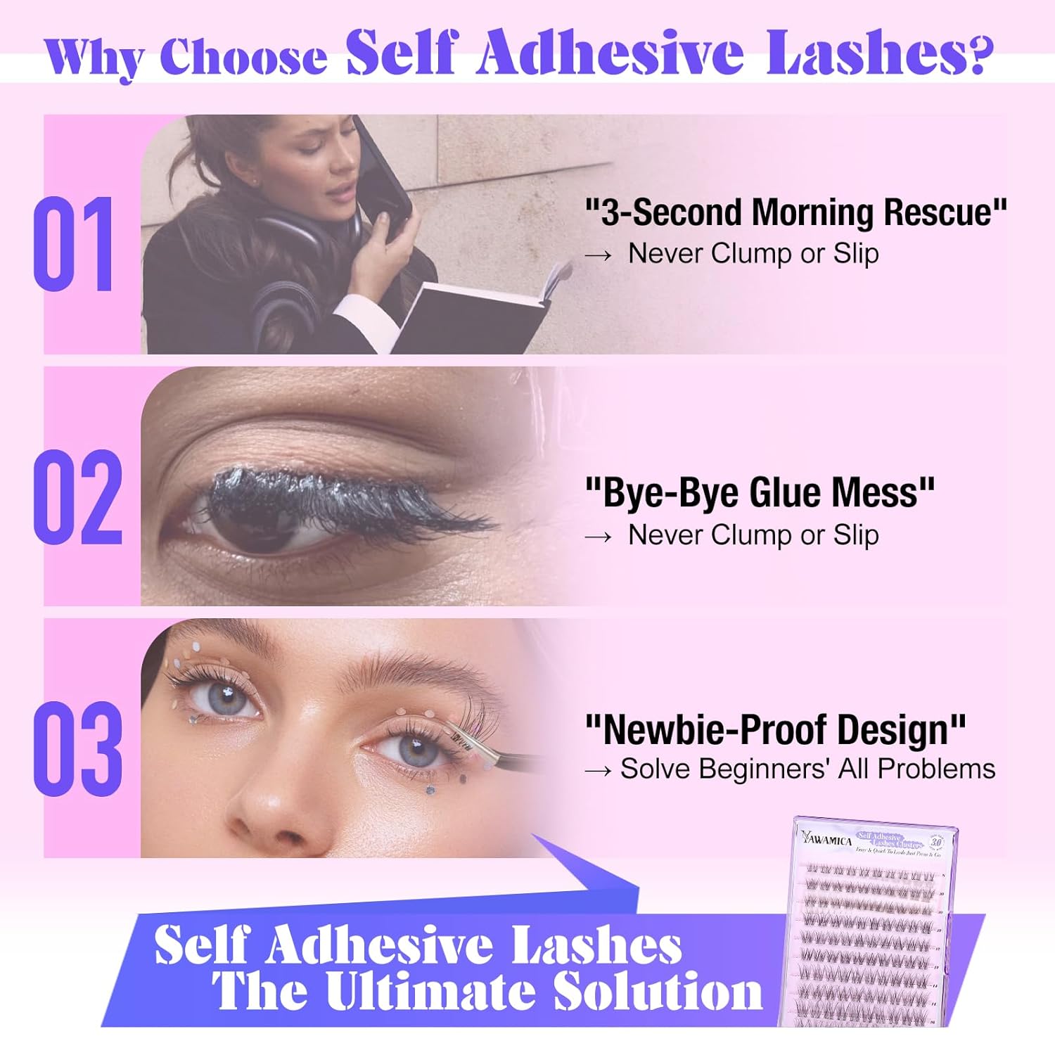 Yawamica Natural Self Adhesive Lash Clusters 10-16mm Reusable Press On Lashes No Glue Needed Eyelash Clusters Invisible Clear Band Pre Glued Cluster Lashes for Effortless Salon Eyelash Extension Look-FemmiqueWomen