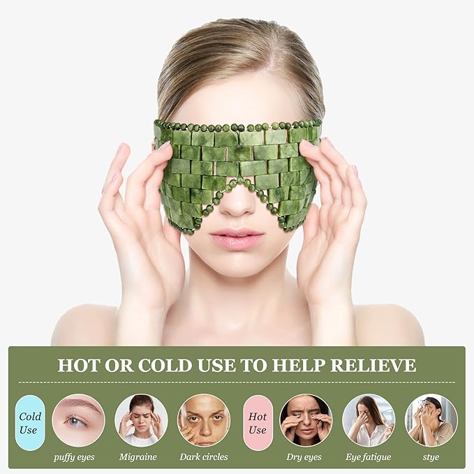 Jade Eye Mask, 2Pcs Large Facial Cooling Mask with 100% Real Jade for Hot & Cold Therapy,Green Jade Facial Eyes Sleeping Mask Relief Eye Cover by LazyGa-FemmiqueWomen