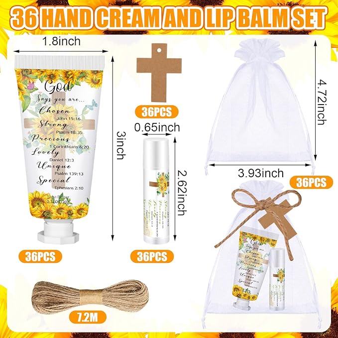144 Pcs Christian Lip Balm Hand Cream Set Party Favors, Include 36 Bible Lip Balm 36 Moisturizing Hand Cream 36 Bags 36 Cards and Ropes for Accessories Gifts (Biblical, Sunflower)-FemmiqueWomen