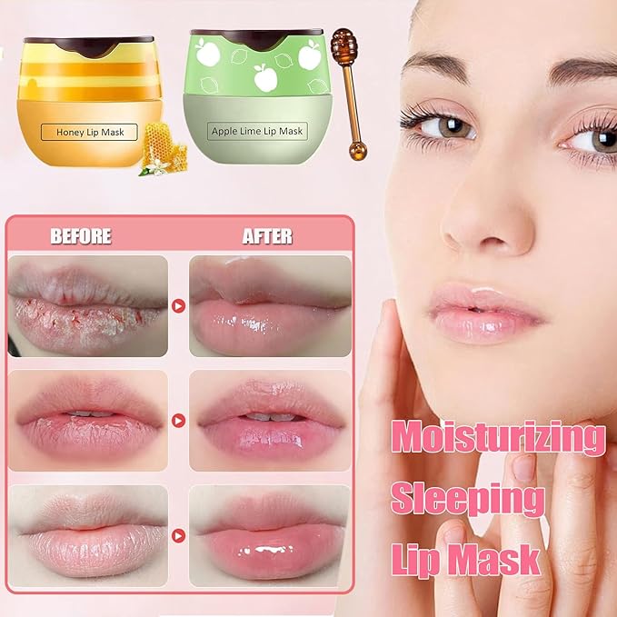 3 PCS Bee Lip Mask Lip Balm Honey Pot, Strawberry & Honey Lip Sleeping Mask Hydrating Prevention Dry and Cracked Lip Scrubs Exfoliator,Lip Mask Overnight Reduces Lip Lines-FemmiqueWomen