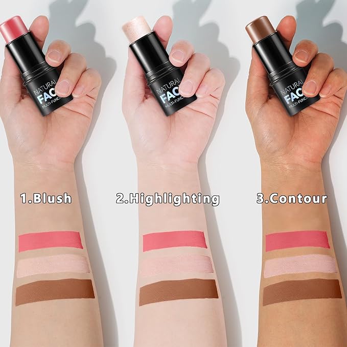 3 Pcs Contour Stick, Highlighter Stick, Blush Stick, Cream Contour Kit with Contour Brush, Create Face Contour, Non-greasy, Waterproof Long-lasting Effect for Women (2+5+6,LIGHT MEDIUM)-FemmiqueWomen
