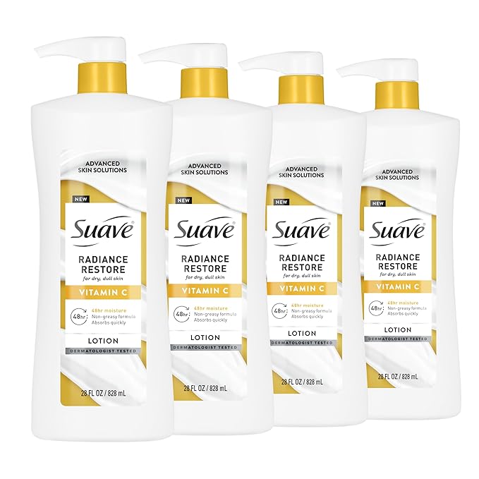 Suave Radiance Restore Hand & Body Lotion For Women With Vitamin C, Brighten & Hydrate Dry, Dull Skin, Non Greasy, Moisturizing Cream Evens Skin Tone, Allergen Free, 28 FL OZ Pump, 4 Pack-FemmiqueWomen
