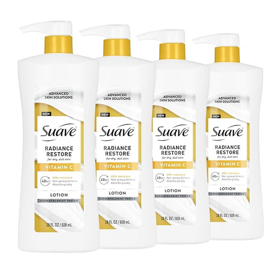 Suave Radiance Restore Hand & Body Lotion For Women With Vitamin C, Brighten & Hydrate Dry, Dull Skin, Non Greasy, Moisturizing Cream Evens Skin Tone, Allergen Free, 28 FL OZ Pump, 4 Pack-FemmiqueWomen