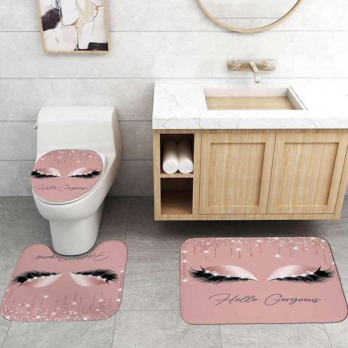 4PCS Hello Gorgeous Eyelash Shower Curtain Set, Gold Glitter Quotes Black Eyebrow Makeup Pink Marble Glam Modern Fashion Girly Women Bathroom Decor, Non-slip Bath Mat Toilet Rug, Charming Eyes-FemmiqueWomen